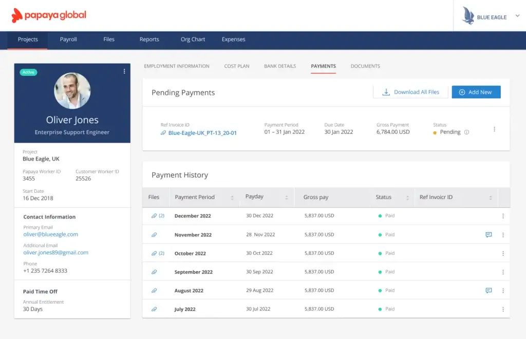 Papaya Global worker profile with payment history and documents