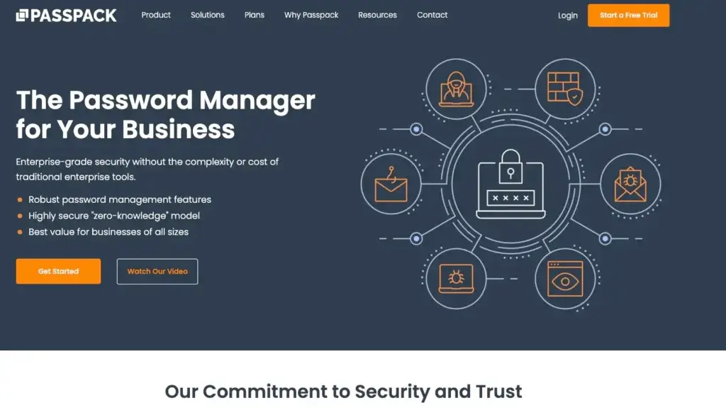 Passpack homepage showing business password manager messaging and security access illustration