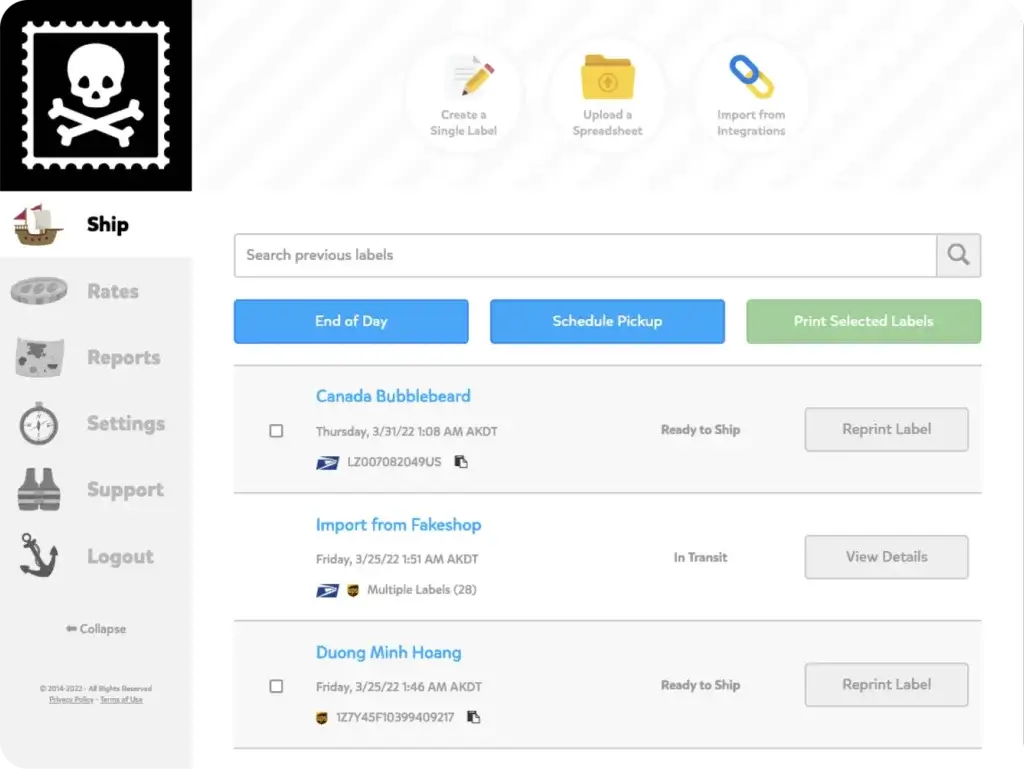 Pirate Ship shipping dashboard with label history, pickup scheduling, and print label options