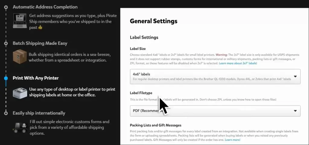 Pirate Ship label settings showing printer format, label size, PDF options, and packing list settings
