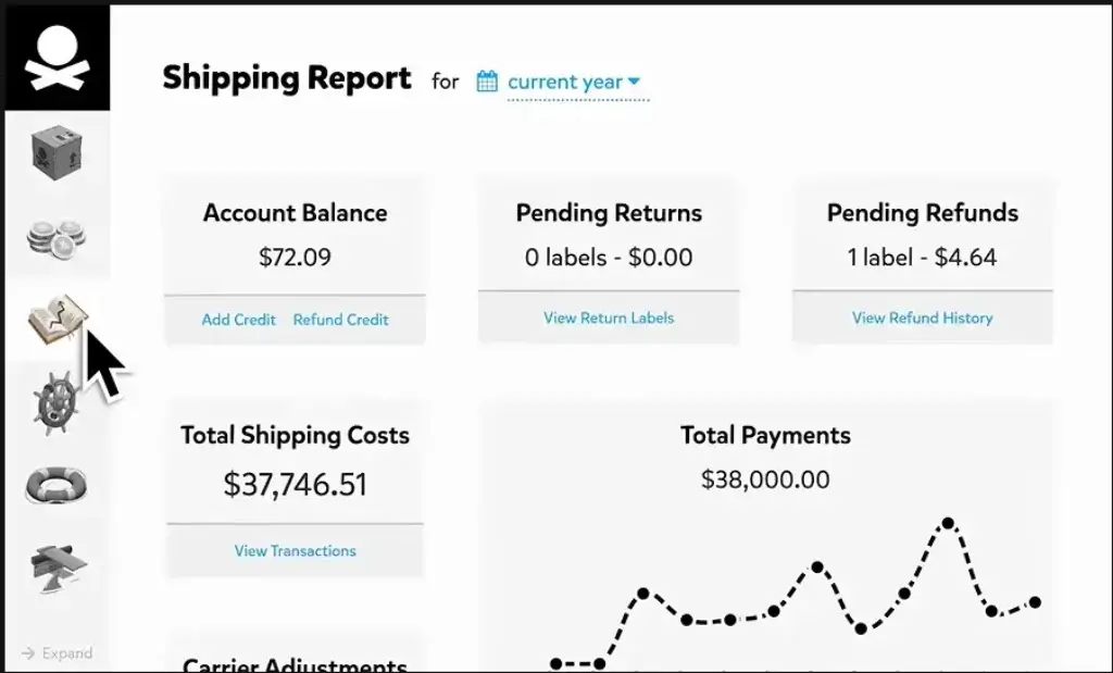 Pirate Ship shipping report showing account balance, pending refunds, shipping costs, and payment totals