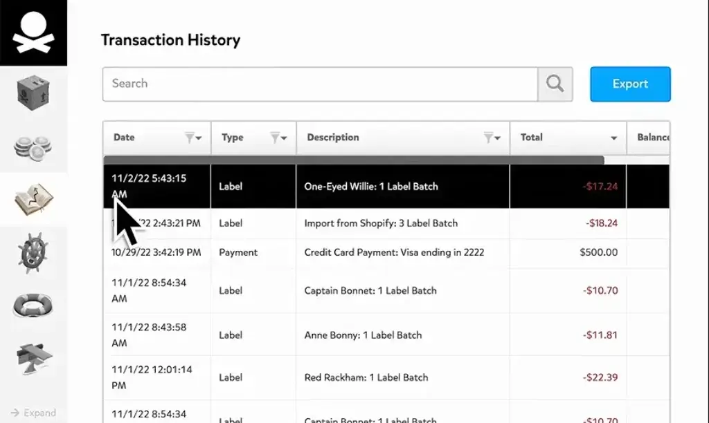 Pirate Ship transaction history showing label costs, payments, balances, and export option