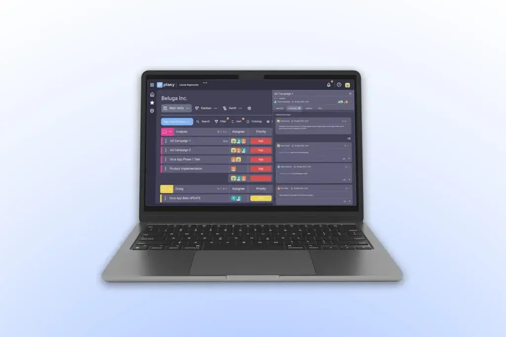 Plaky project management dashboard displayed across multiple laptop screens.