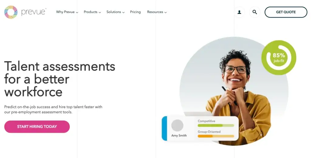 Prevue HR homepage showing job-fit score and pre-employment assessment tools