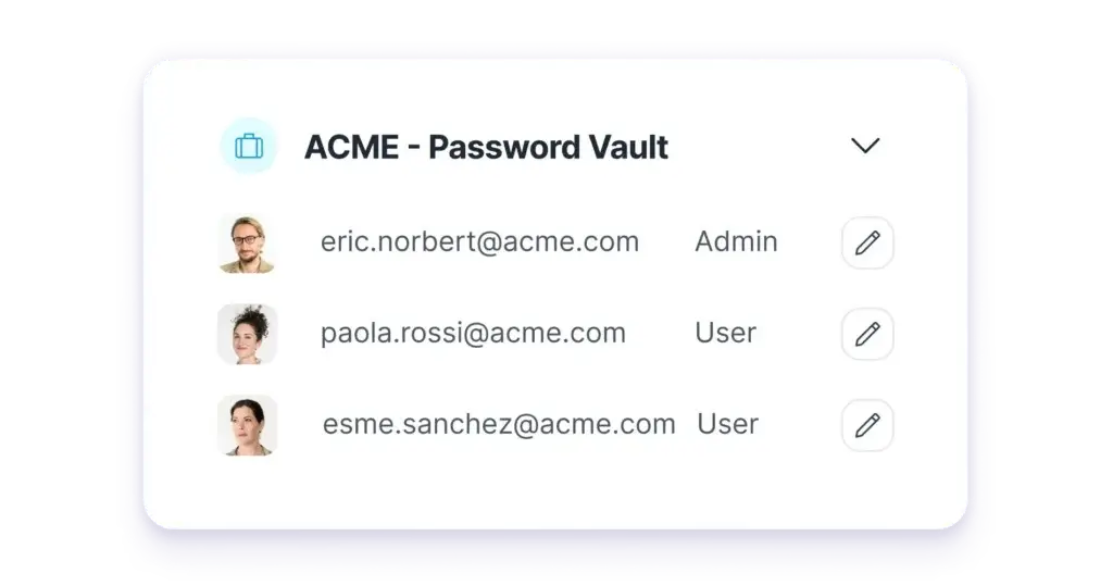 Proton Pass shared vault showing team users, email addresses, and admin access permissions