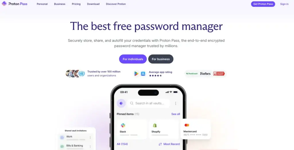 Proton Pass homepage showing encrypted password manager features, vault items, and mobile app interface