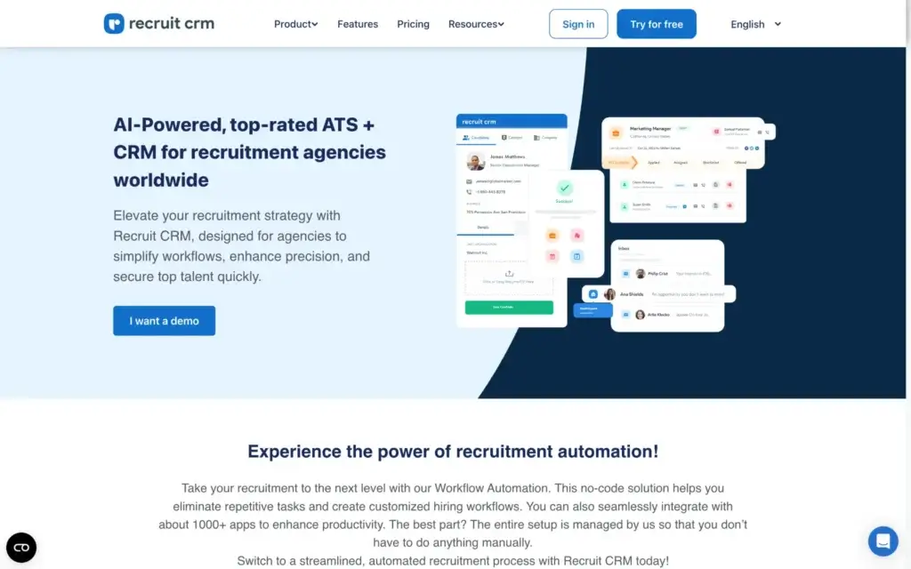 Recruit CRM homepage showing its AI-powered ATS, recruitment CRM, candidate profiles, workflows, and automation features.