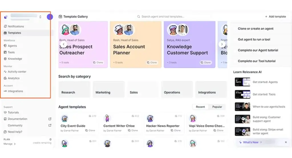 Relevance AI template gallery with agent templates by category