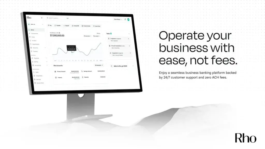 Rho business banking dashboard with cash balance overview