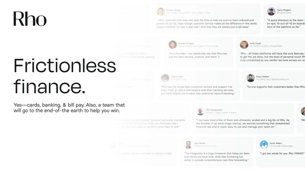 Rho customer testimonials highlighting finance support