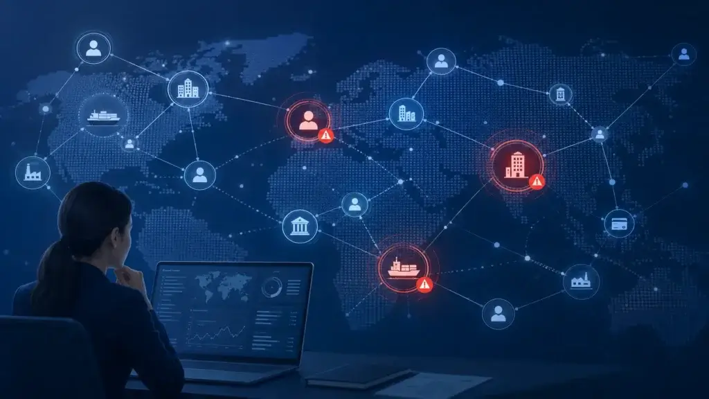 Global sanctions screening network with risk alerts