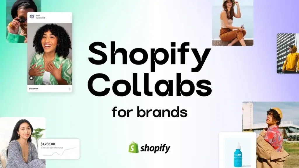 Shopify Collabs for brands visual showing creator content cards, product promotion, social sales tracking, and influencer campaign elements.