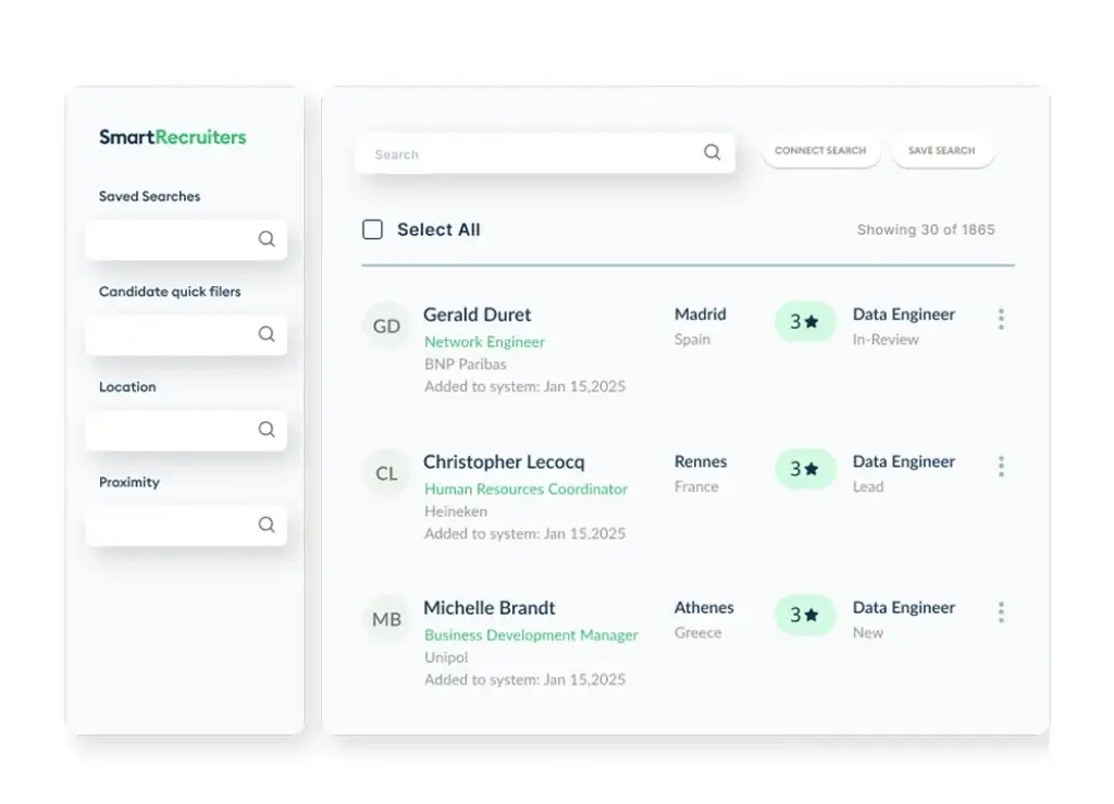 SmartRecruiters applicant tracking dashboard with candidate list and filters
