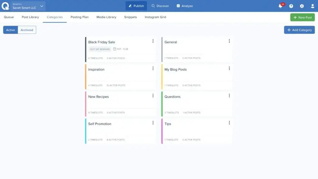 SmarterQueue categories dashboard with content groups and active post counts