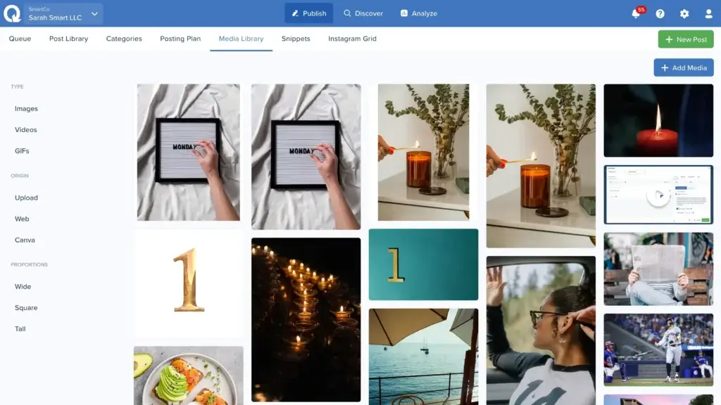SmarterQueue media library with images, videos, GIFs, and uploaded content assets