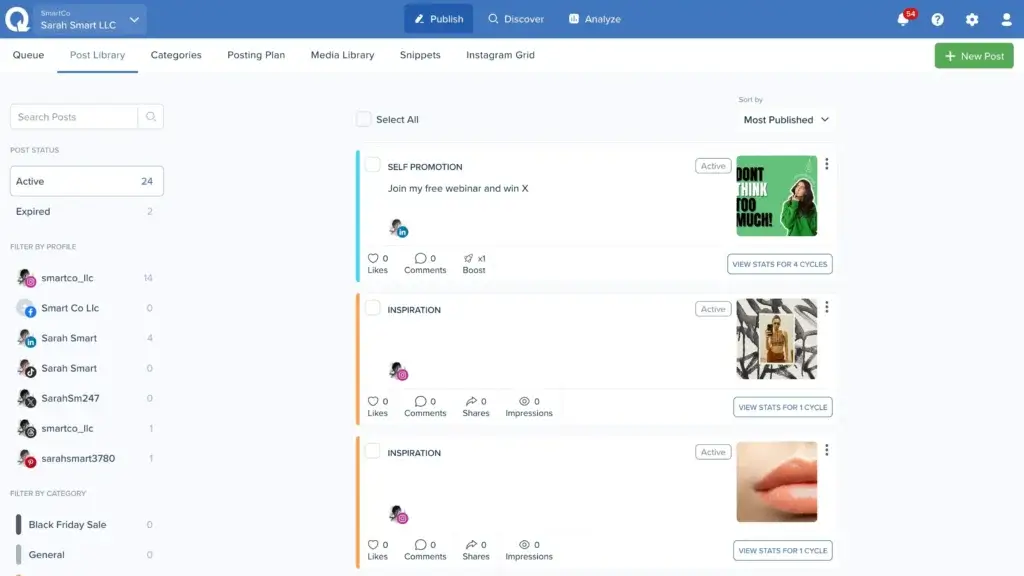 SmarterQueue post library showing active evergreen posts and engagement stats