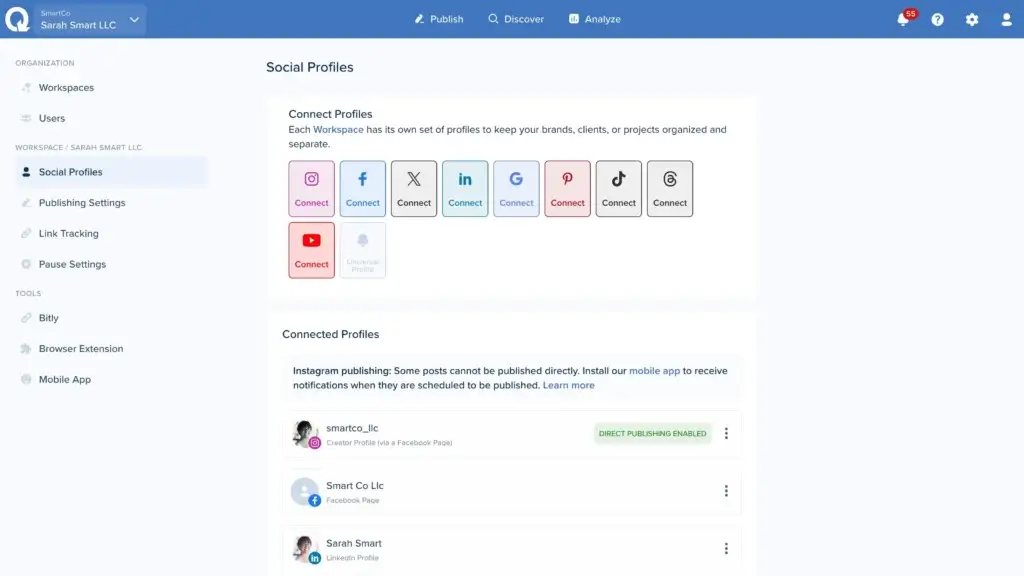 SmarterQueue social profiles page for connecting Instagram, Facebook, LinkedIn, TikTok, Threads, and YouTube