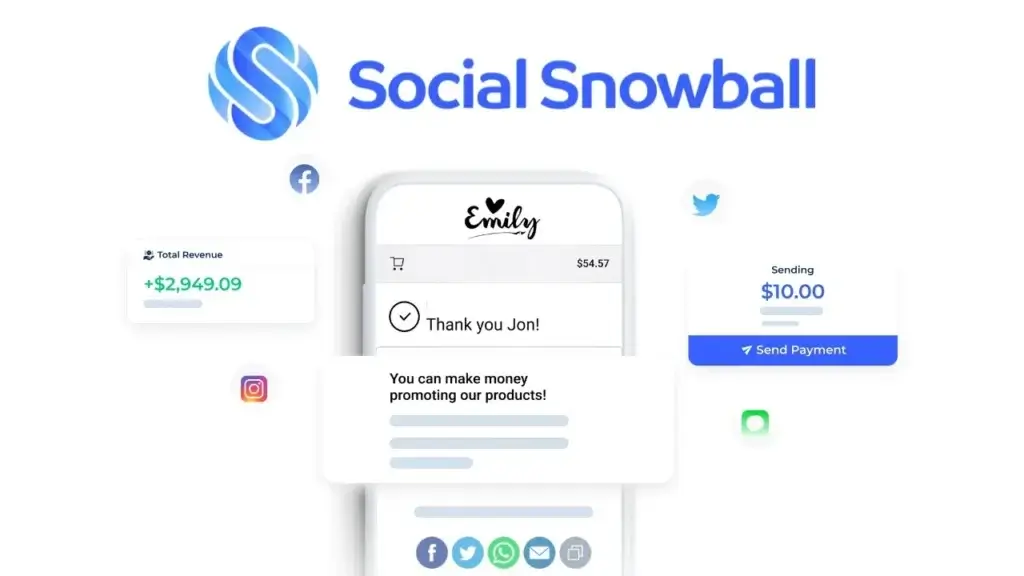 Social Snowball creator and ambassador revenue dashboard showing affiliate link creation, UGC saved, commission tier, affiliate revenue, commissions, and orders.