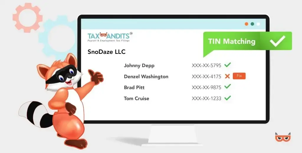 TaxBandits TIN matching screen showing vendor tax ID validation results