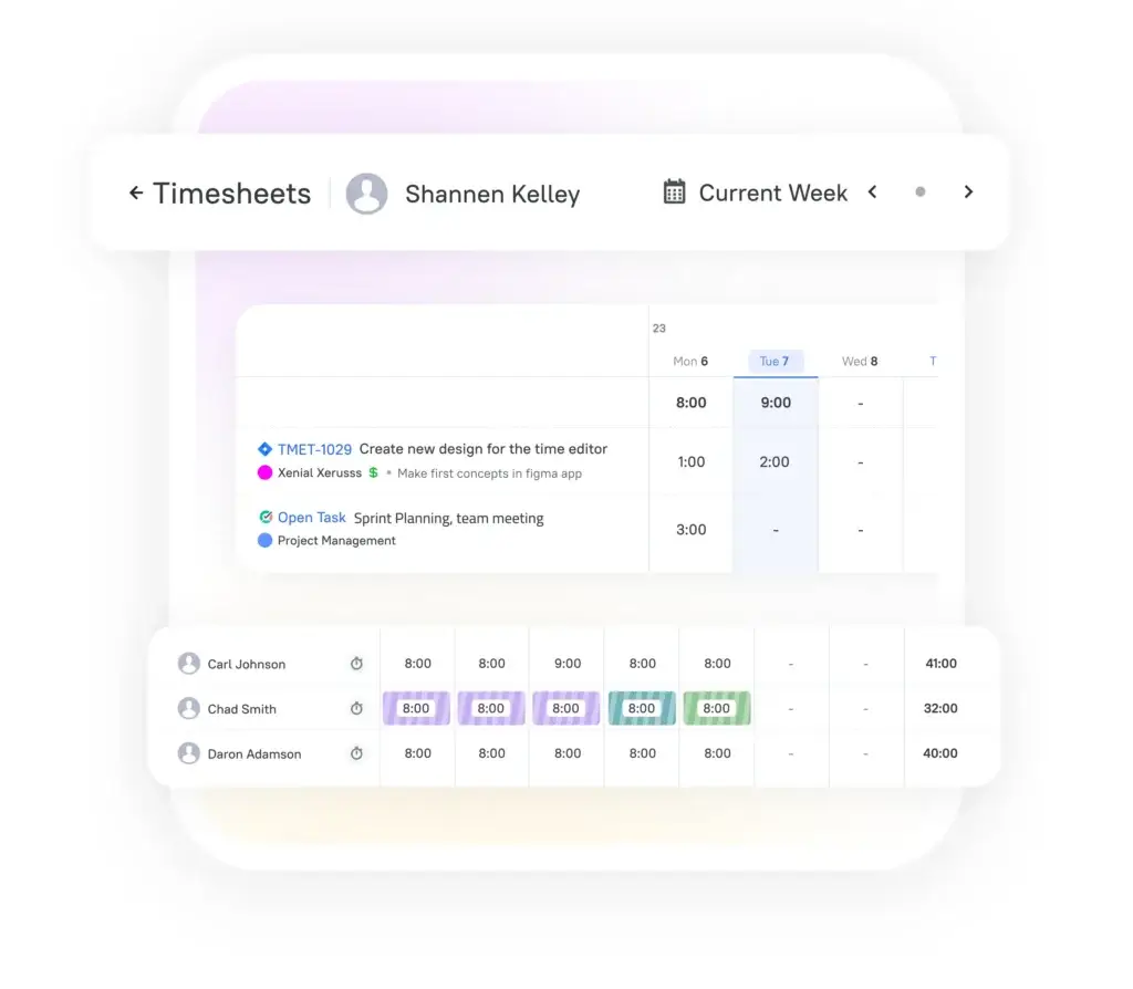 TMetric timesheet showing weekly team hours, tasks, and tracked work entries