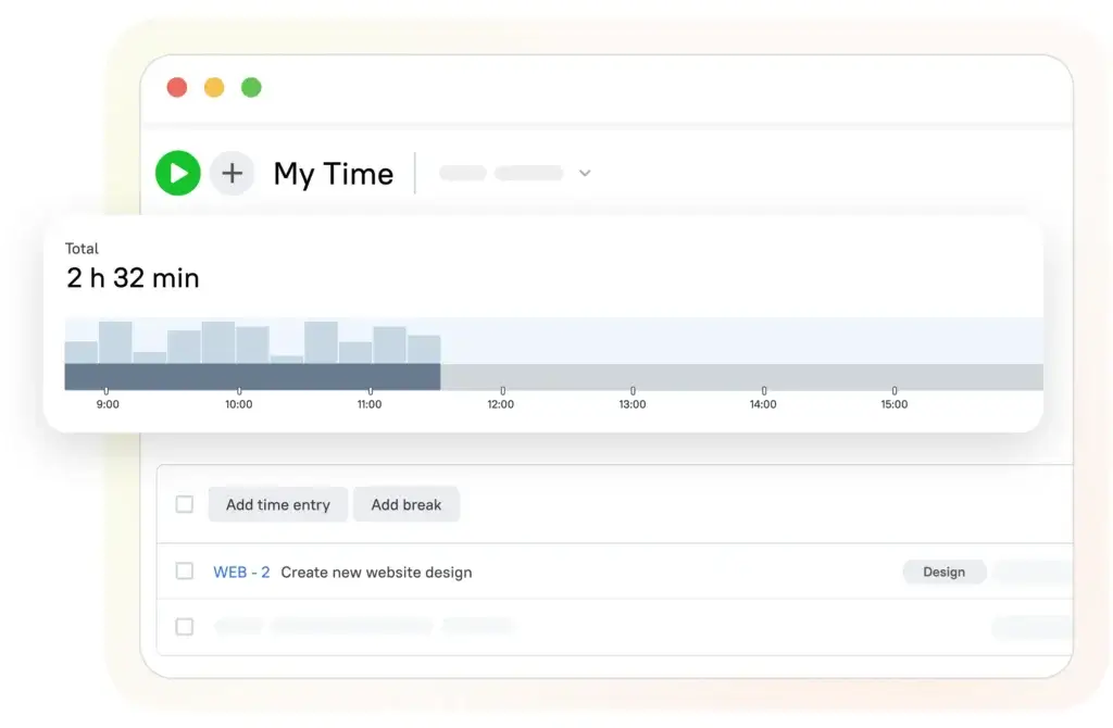 TMetric time tracking screen showing timer, total hours, activity timeline, and time entry