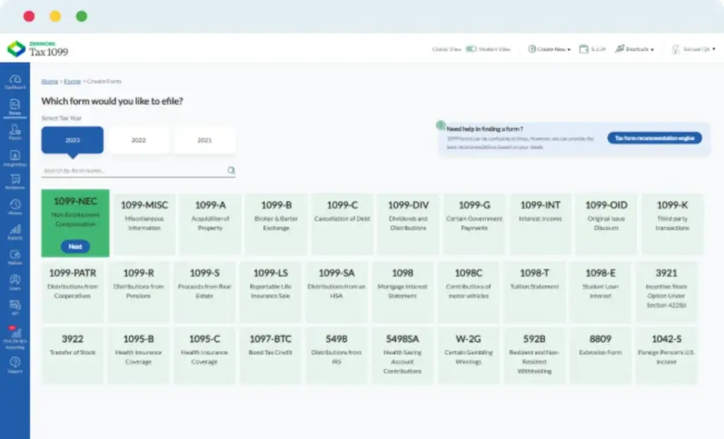 Tax1099 form selection dashboard with 1099, 1098, W-2G, 3921, 3922, and 1042-S forms