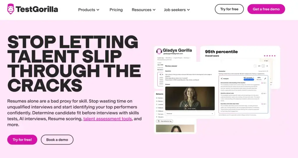 TestGorilla homepage showing skills tests, AI interviews, resume scoring, and candidate evaluation