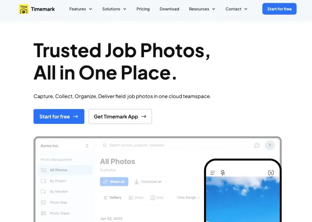 Timemark homepage showing jobsite photo management for field teams.