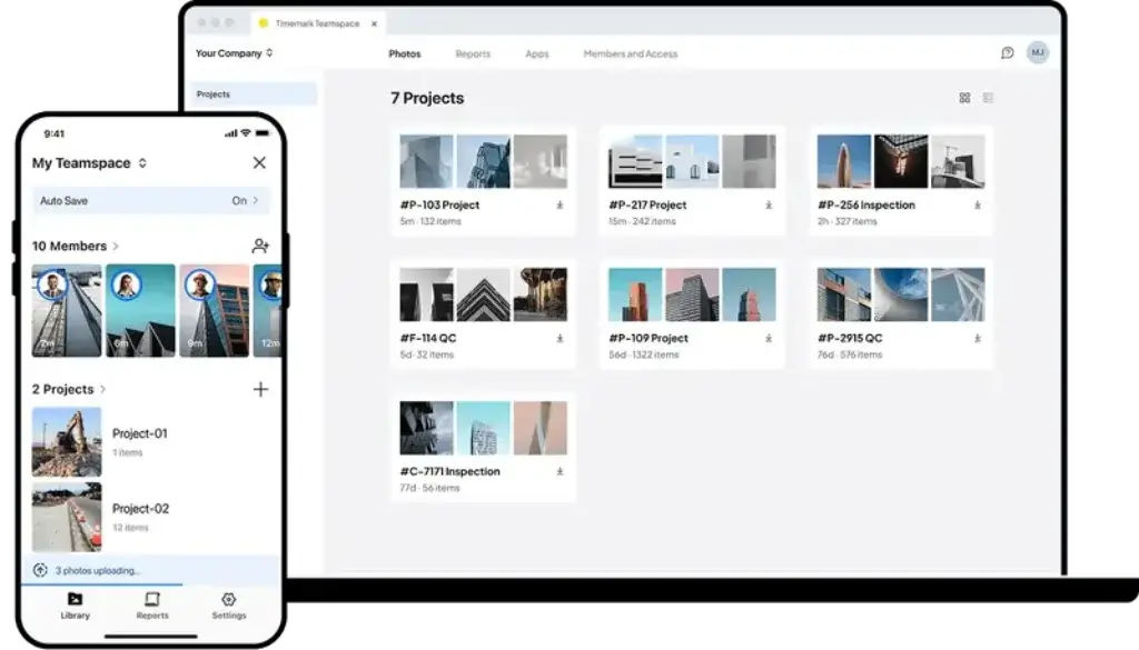 Timemark Teamspace showing project folders and field photos across web and mobile.
