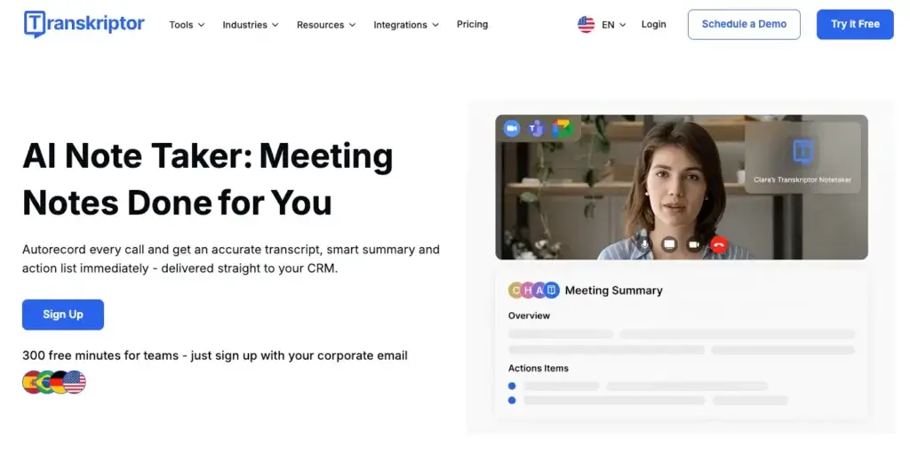 Transkriptor homepage showing AI meeting notes, automated transcription, meeting summary, and action items.
