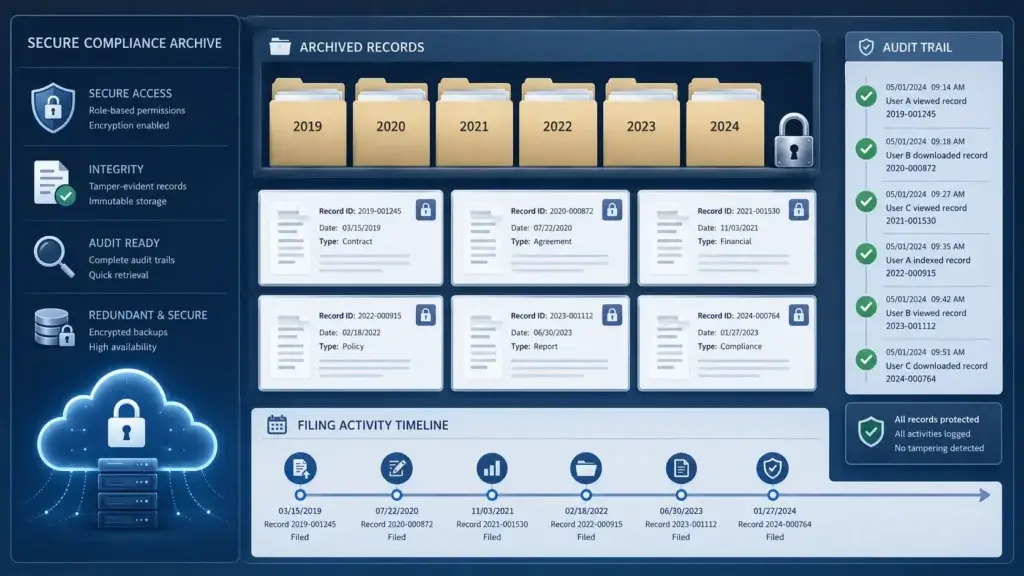 Secure compliance archive with audit trail and unclaimed property records