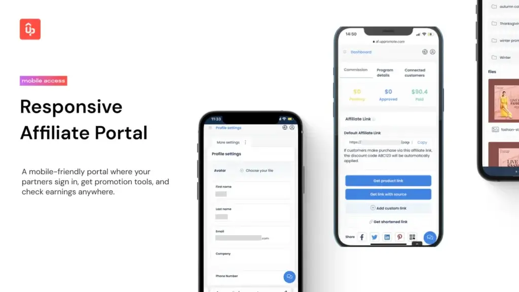 UpPromote responsive affiliate portal displayed on mobile screens with profile settings, affiliate links, commissions, payouts, and promotional files.