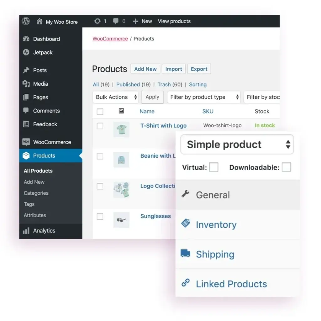 WooCommerce product management screen with product list and product data settings