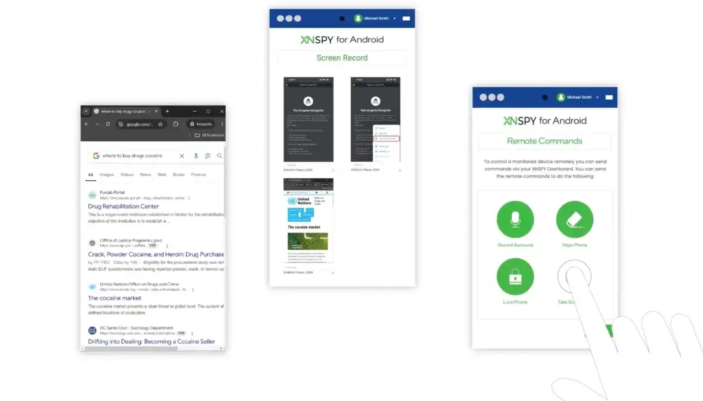 XNSPY Android interface showing screen recording, risky web search monitoring, and remote command controls