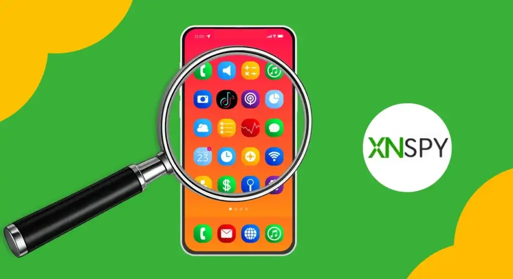 XNSPY phone monitoring graphic with smartphone apps, magnifying glass, and XNSPY logo