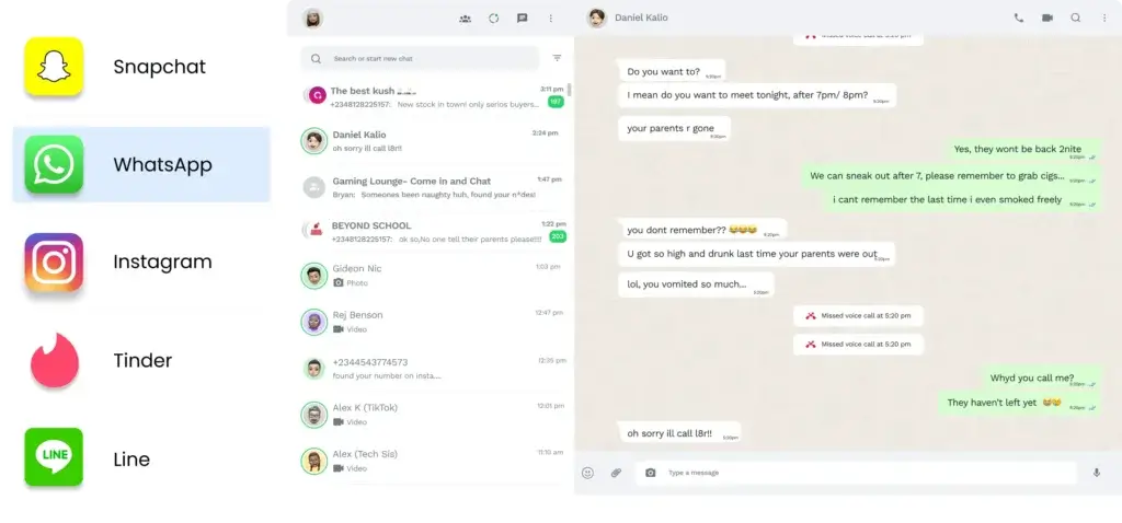 XNSPY monitoring interface showing supported social apps and a WhatsApp conversation view