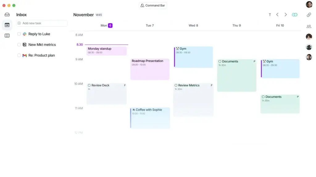 Akiflow inbox with tasks scheduled on a weekly calendar