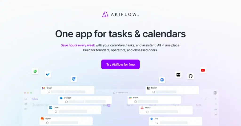 Akiflow homepage showing tasks, calendars, and app integrations