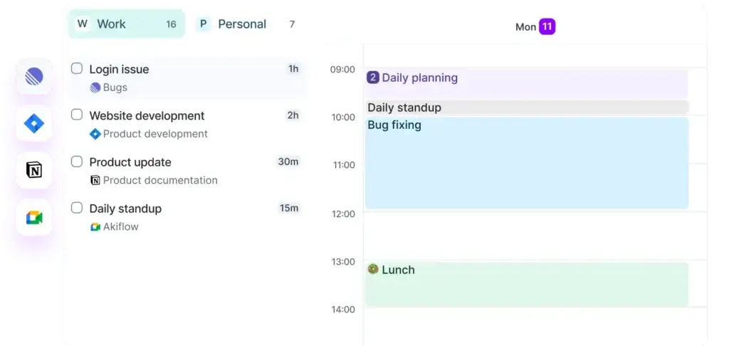 Akiflow tasks imported from integrations and planned on a daily calendar