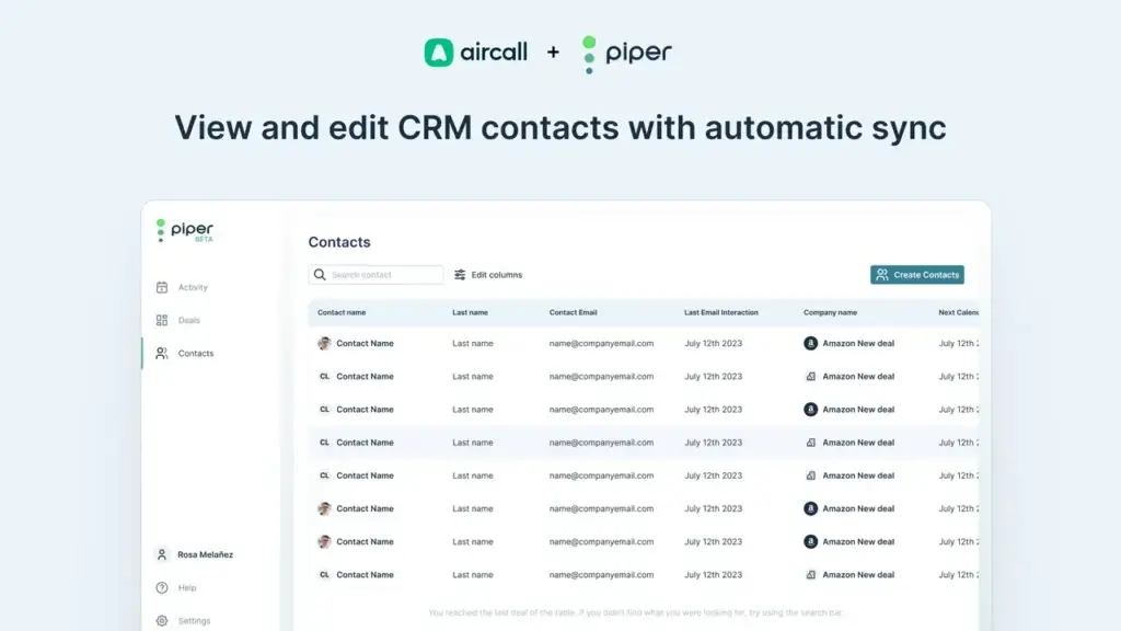 Aircall and Piper CRM contact sync