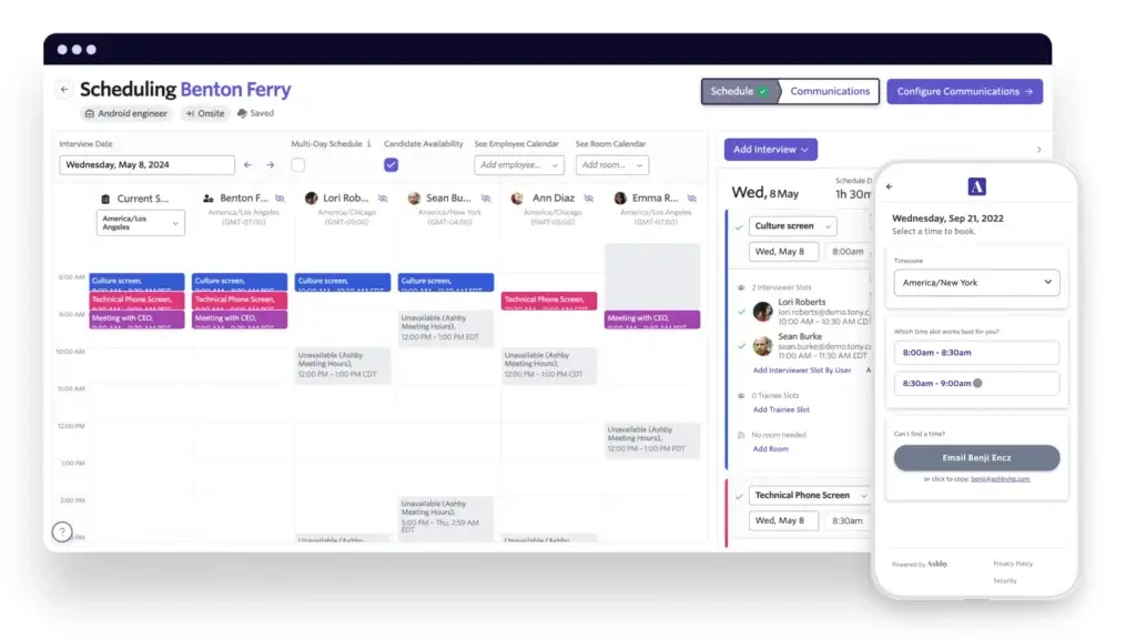 Ashby interview scheduling interface for recruiters and candidates