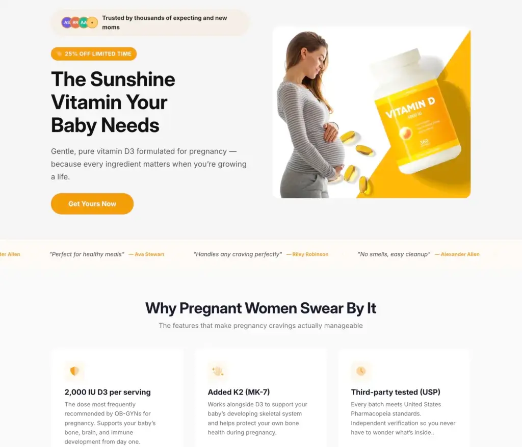 Auware personalized landing page example for a vitamin D product targeting pregnant women