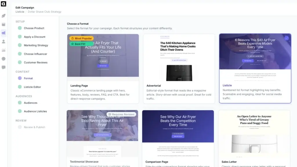 Auware campaign setup screen showing landing page, advertorial, listicle, testimonial, comparison, and sales letter formats