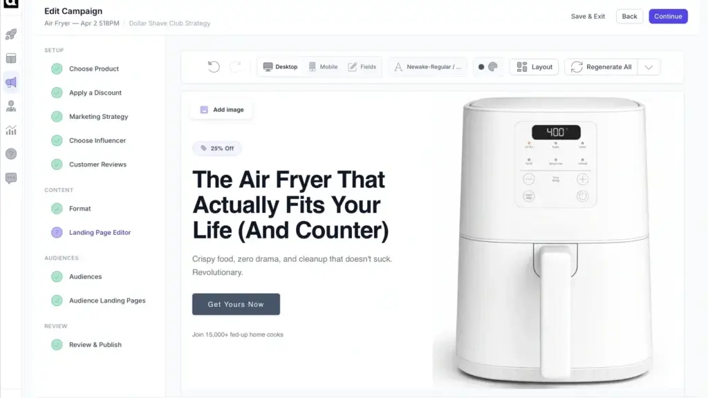 Auware landing page editor showing an ecommerce product page with headline, CTA, discount, and product image