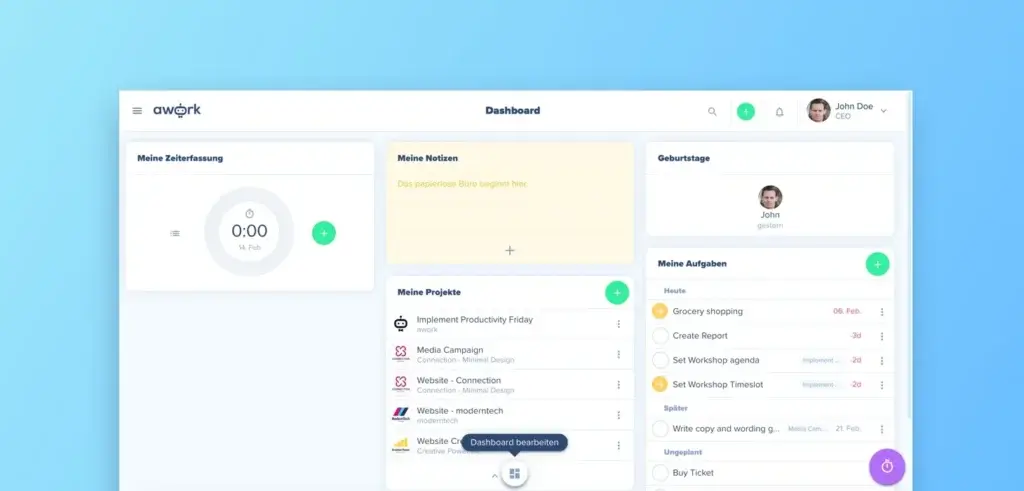 awork dashboard showing projects, tasks, notes, birthdays, and time tracking widgets