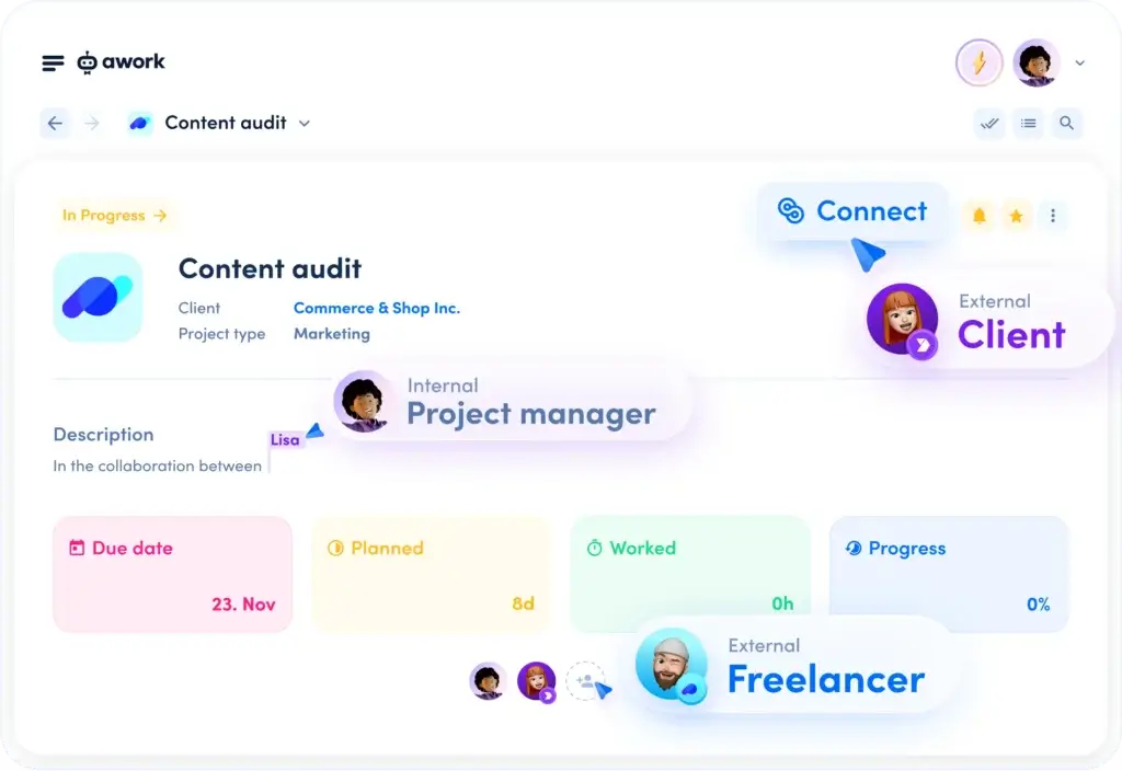 awork Connect project view showing internal manager, external client, and freelancer collaboration