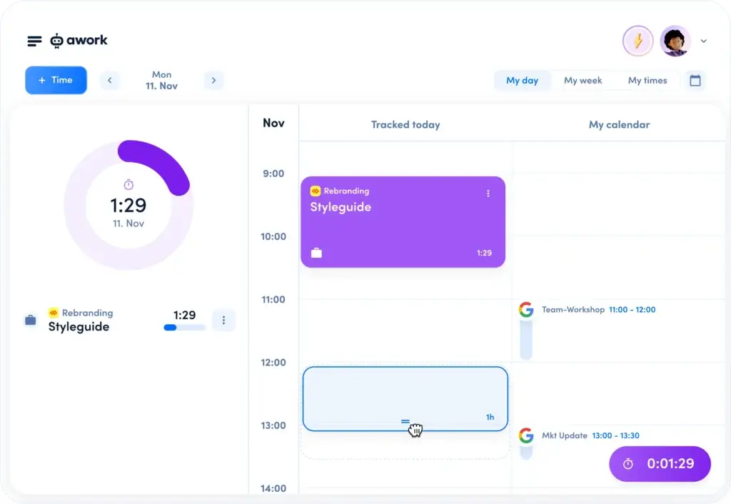 awork time tracking screen with calendar view, tracked time, and project time entry