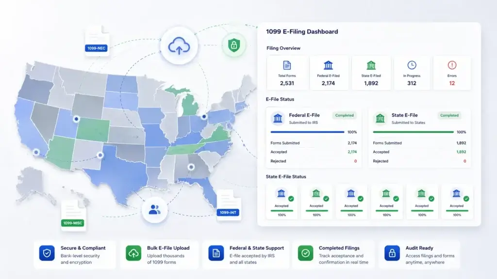 Federal and state 1099 e-filing dashboard with map and filing status cards