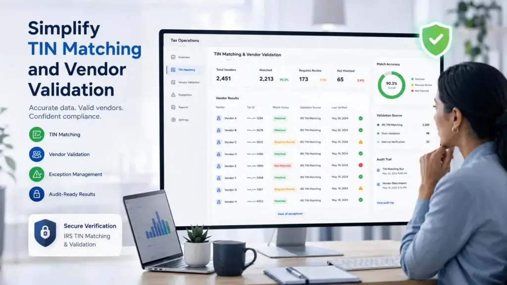 TIN matching dashboard validating vendor names and masked tax ID records