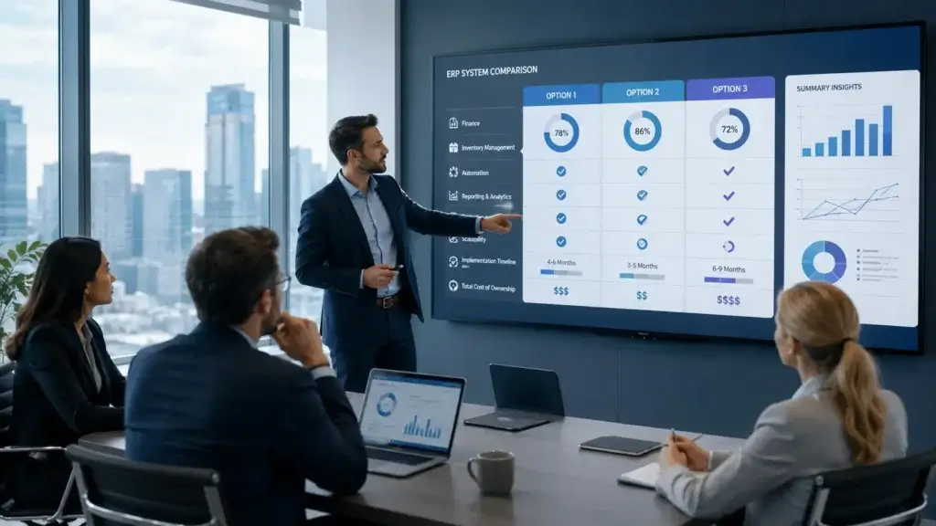 Best ERP Software - Business team comparing ERP system features, implementation timelines, scalability, reporting, and total cost on a digital screen
